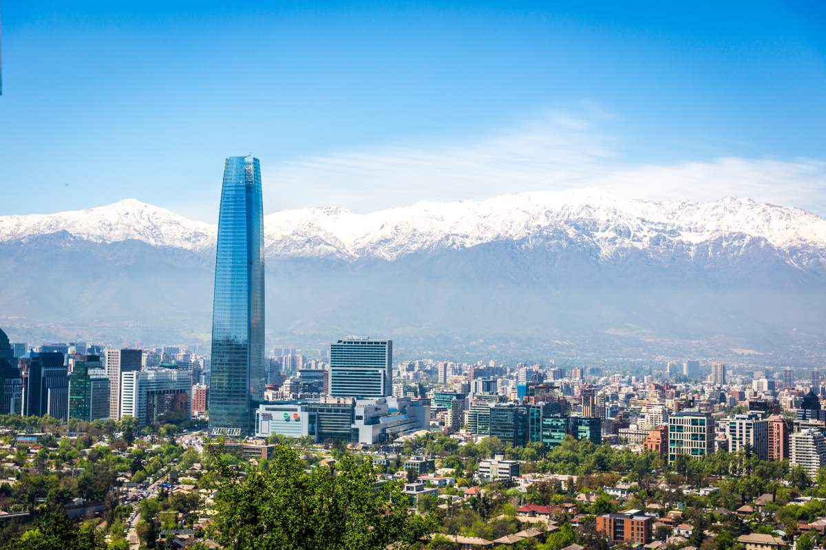 The Skyline Of Providencia And Las Condes Below The Snowy Andes
