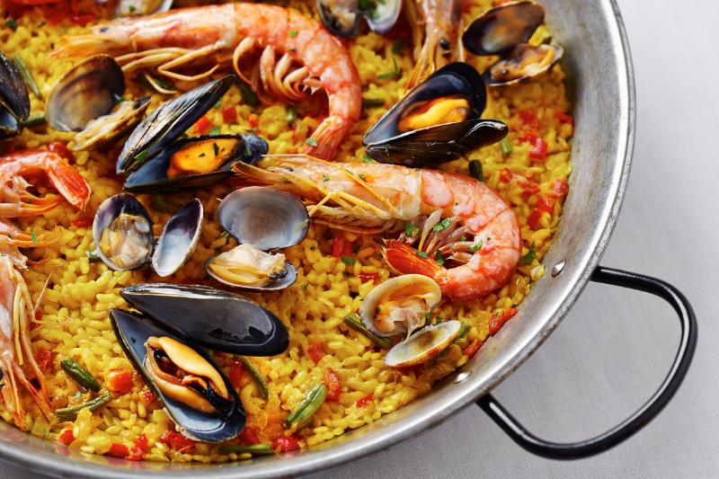 Seafood Paella With Prawns And Mussels In A Paella Pan