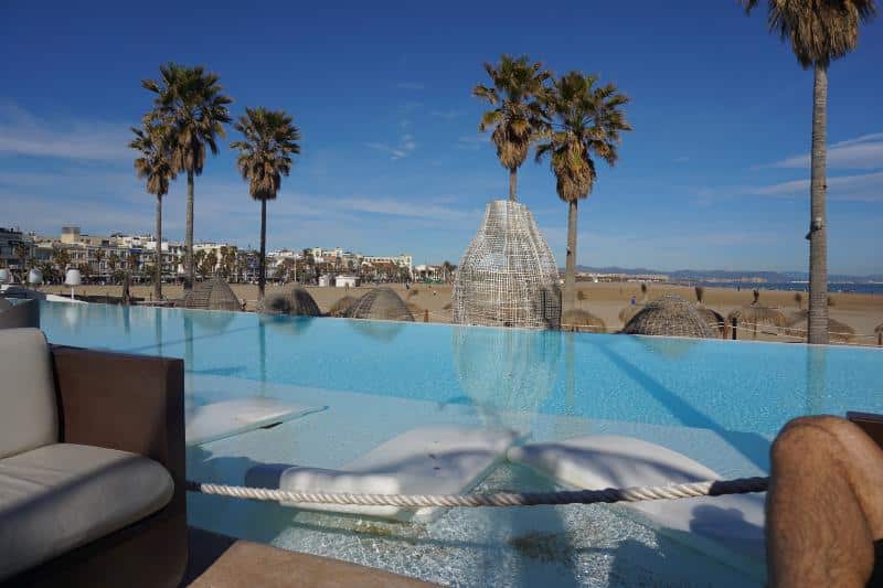 Rooftop Pool With Palm Trees Overlooking The Beach In Valencia