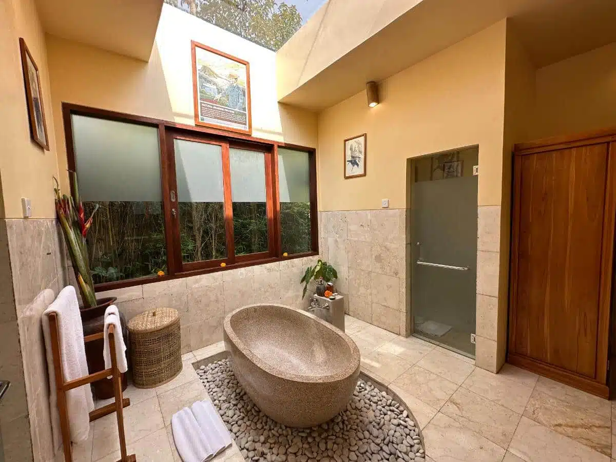 Outdoor Shower Surrounded By Lush Tropical Greenery At A Private Pool Villa, Munduk Moding Plantation Nature Resort, North Bali