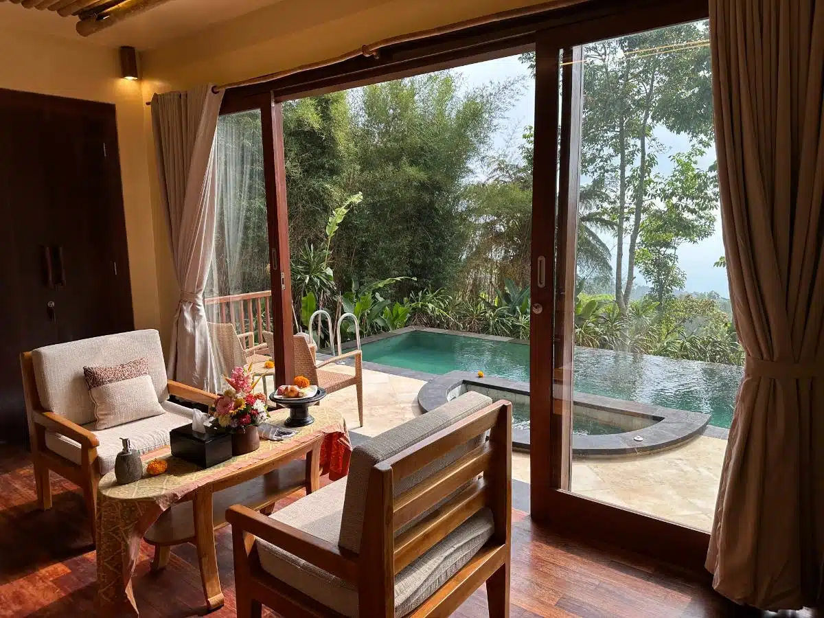 Floating Breakfast Tray With Tropical Fruits, Pastries, And Coffee Served In The Private Villa Pool At Munduk Moding Plantation, Bali