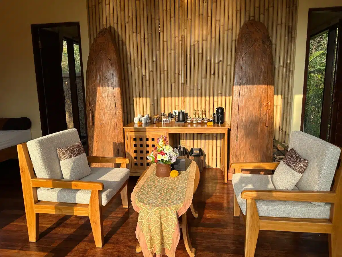 Cozy In-Room Fireplace With Wooden Interior And Reading Library In The Pool Villa At Munduk Moding Plantation, Munduk, Bali