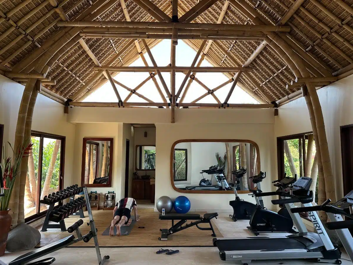 Open-Air Bamboo-Roofed Gym With Cardio Machines, Free Weights, And Garden Views At Munduk Moding Plantation, Bali