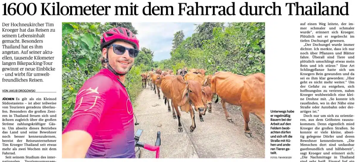 Newspaper coverage of Tim Kroeger's 1600 kilometre bikepacking journey through Thailand
