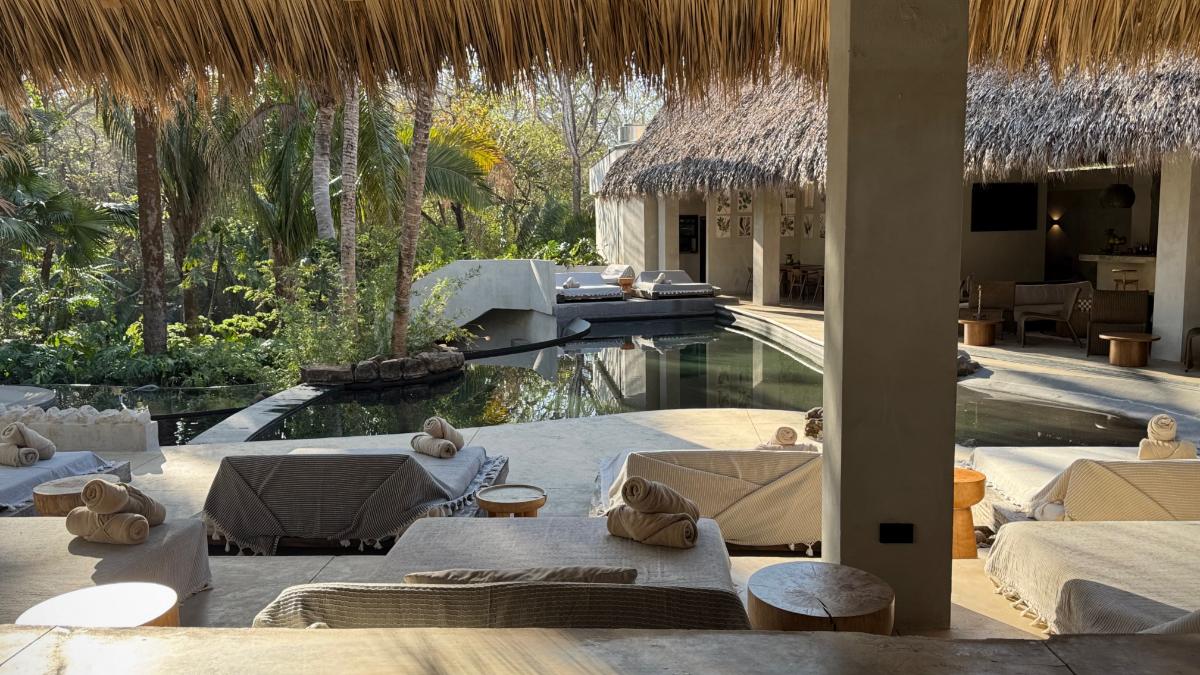 Blick Auf Den Poolbereich Des Esh Hotels Mit Strohdach-Palapa Und Tropischer Dschungelumgebung In Nosara Bei Tag